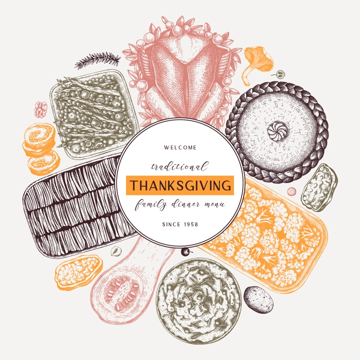 Thanksgiving day dinner menu round design in color. With roasted turkey, cooked vegetables, rolled meat, baking cakes and pies sketches. Vintage autumn food wreath. Vector Thanksgiving day background.